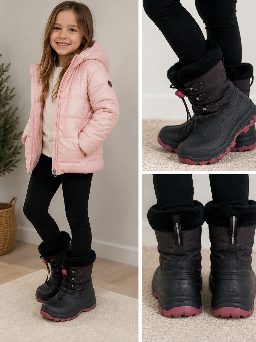 Girls Black & Pink Waterproof Winter Snow Boots – Size 2